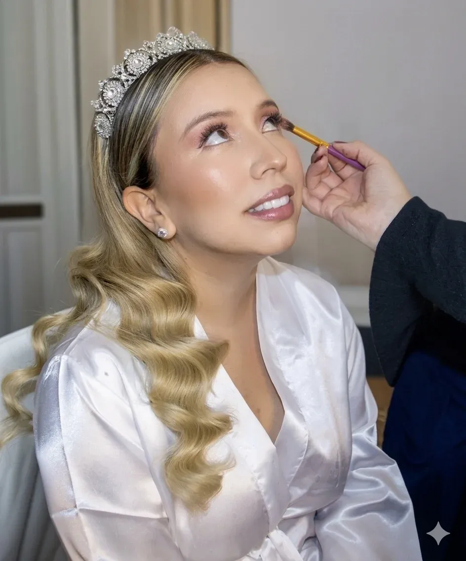 Novia con tiara recibiendo los últimos retoques de maquillaje